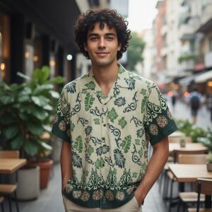 Guess Jeans Shirt Mens Green Button Cotton Aloha Camp Hawaiian Large